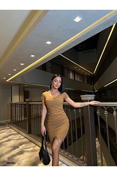Modafeminen Kruvaze Yaka Büzgülü Mini Krep Elbise 582861 Camel