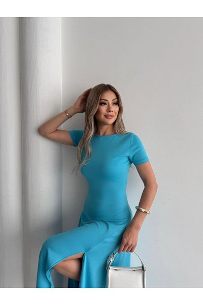 BUKETLİ Women's Crew Neck Lycra Slit Detail Open Back Combed Cotton Flared Dress