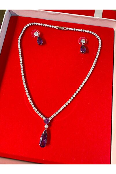 Esmeray Aksesuar Vip Çelik Gümüş Renk Zirkon Beyaz Mor Damla Taşlı Antialerji...