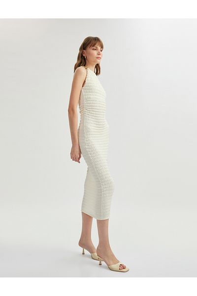 Koton New Season Accessory Detailed Textured Slim Fit Crew Neck Sleeveless Midi Length Pencil Dress