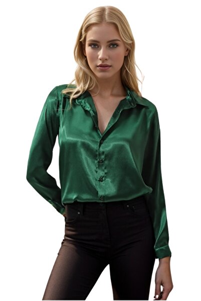 Cassime Kadın Zümrüt Yeşili Klasik Saten Gömlek
