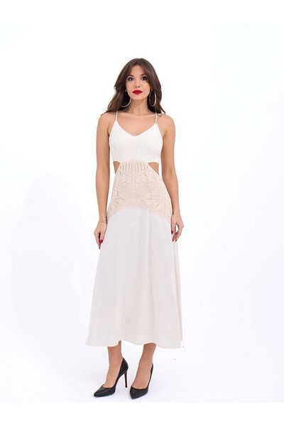 FASHION COCKTAIL Καλοκαιρινό φόρεμα με δαντέλα με λουράκι μέσης κάτω από το γόνατο και λινό λουράκι