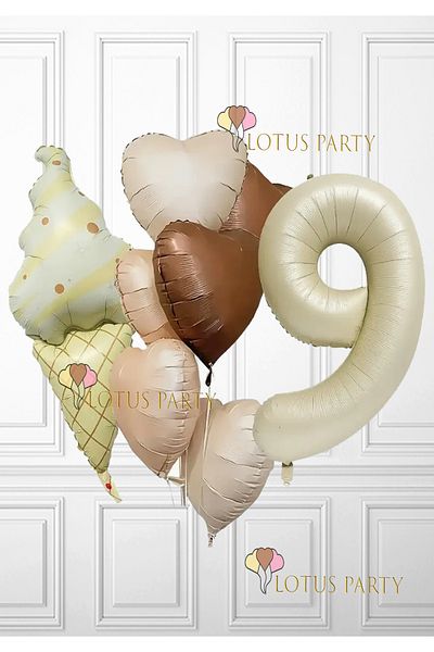 LOTUS PARTY Σετ μπαλόνι με θέμα ρετρό παγωτό - Ρετρό παγωτό - Μπαλόνι με φύλλο καφέ καρδιάς - Κρέμα Αριθμός Ηλικίας