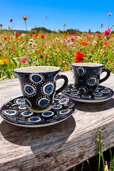 Salizera Hand Embroidered Embossed Evil Eye Beaded Hand Made Coffee Cup Set for 2 People