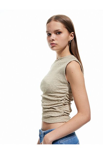 Koton New Season One Shoulder Detailed Textured Asymmetrical Collar Draped Sleeveless T-Shirt Wrap