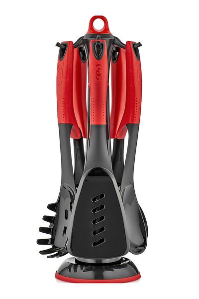 Mapple Home Red 220 Degree Luxury Serving Set: 6-Piece Ladle Spoon, Spatula, Pasta Spoon and Stand
