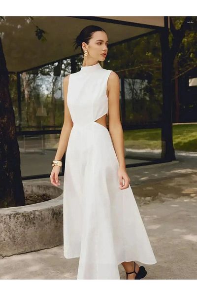FASHION COCKTAIL Μίντι λαιμόκοψη με λεπτομέρεια παράθυρο μέσης αμάνικο μέχρι το γόνατο Midi Seaside Summer Viscose φόρεμα