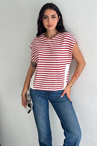 FEMELLE Kadın Kırmızı Çizgili Yanları Düğme Detaylı %100 Pamuk Bluz