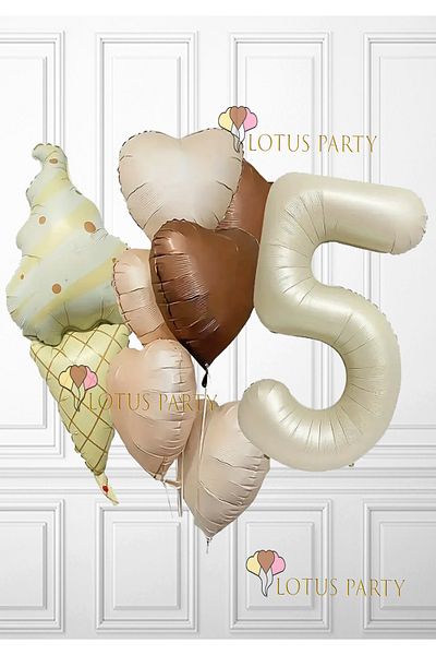 LOTUS PARTY Σετ μπαλόνι με θέμα ρετρό παγωτό - Ρετρό παγωτό - Μπαλόνι με φύλλο καφέ καρδιάς - Κρέμα Αριθμός Ηλικίας