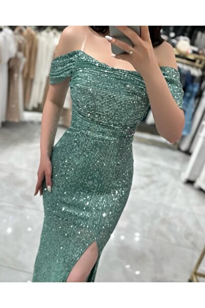 zoezoe ,Andrea Arkası Bağlamalı Detaylı Degaje Yaka Uzun Boy Payet Önü Yırtmaçlı Abiye Elbise Hijap