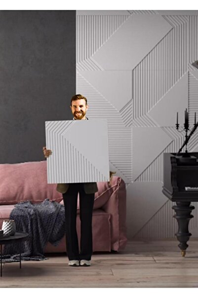 Renkli Duvarlar 50cmx50cm 1Adet Beyaz 3D Abs Çizgili Desenli PVC Dayanıklı Duvar Paneli Silinebilir Lambiri Model