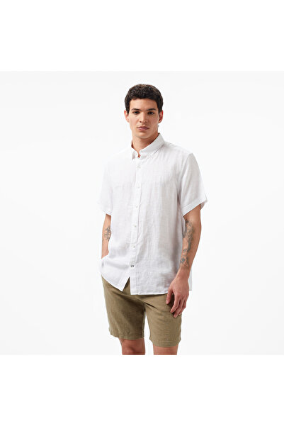 Nautica Erkek Beyaz Classic Fit Kısa Kollu Keten Gömlek