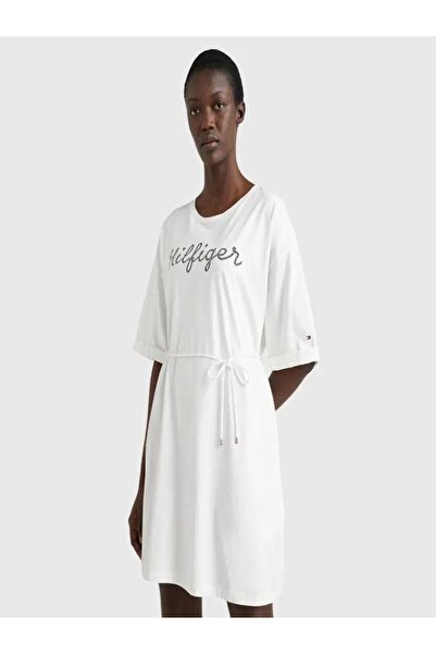 Tommy Hilfiger Regular Rope Puff Print Knee Kadın Beyaz Elbise