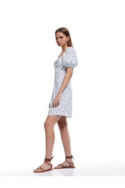 Koton New Season Viscose Sweetheart Neck Balloon Sleeve A-Line Slim Fit Mini Floral Dress