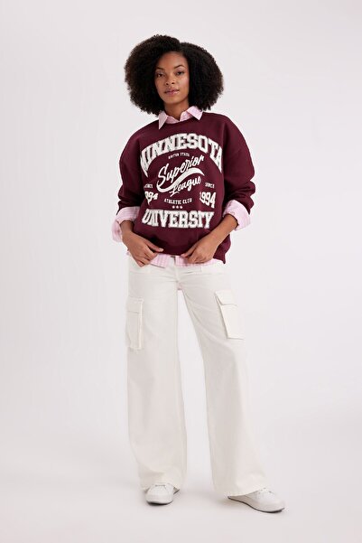 DeFacto Oversize Wide Fit Crew Neck Potištěná tlustá látková mikina A8970ax23wn