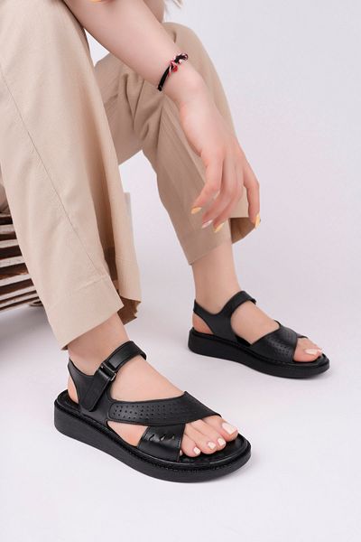 Deripabuc Genuine Leather Black Women's Leather Sandals Dc-1423