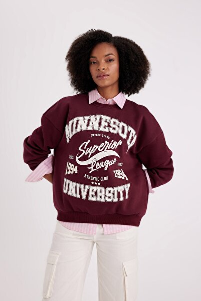 DeFacto Oversize Wide Fit Crew Neck Potištěná tlustá látková mikina A8970ax23wn