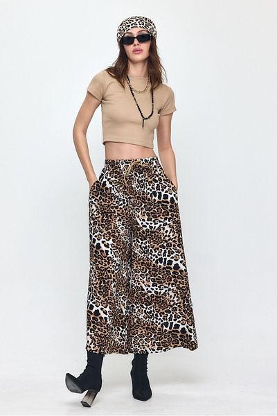 AYASOFYA OTANTIK Women's Leopard Patterned Elastic Waist Wide Leg Pocket Viscose Trousers