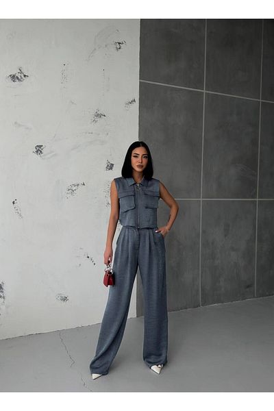 Zoe Zoe Vest pants suit silvery modal fabric with pockets zipper hijab