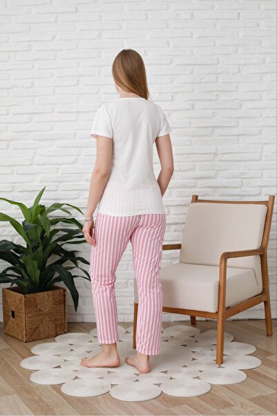 Huq Moda Women's Naptime Printed Pink Striped Short Sleeve Six Long Combed Cotton Fabric Summer Pajamas Set