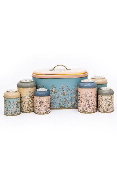 Hesaplı Kasa Flora Patterned 7 Piece Metal Jar and Bread Bowl Set