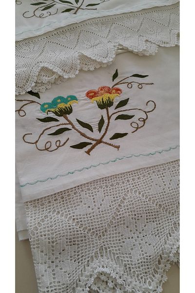 Papatyam Hand Knitted - 1 Skirt and Pillow, Double Sided Lace/Vintage/Dowry