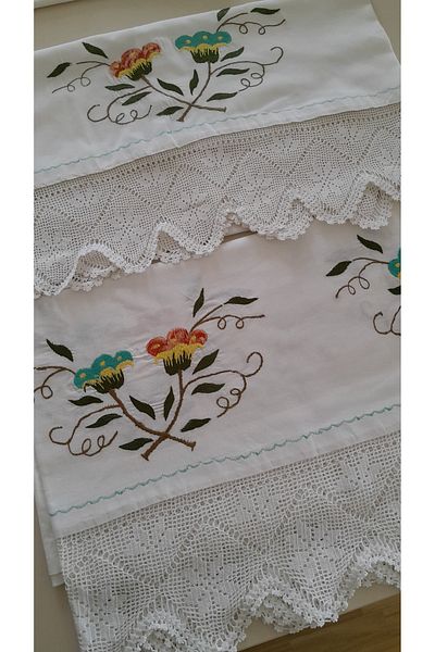 Papatyam Hand Knitted - 1 Skirt and Pillow, Double Sided Lace/Vintage/Dowry