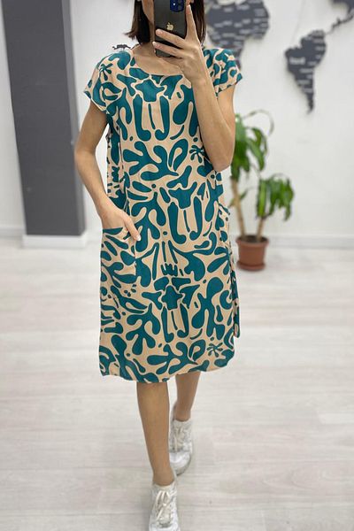 AYASOFYA OTANTIK Women's Beige Petrol Round Neck Bag Pocket Ethnic Patterned Short Sleeve Dress