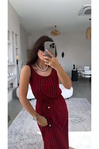 Buket Teke Rochie de bază din viscoză cu dungi burgundy