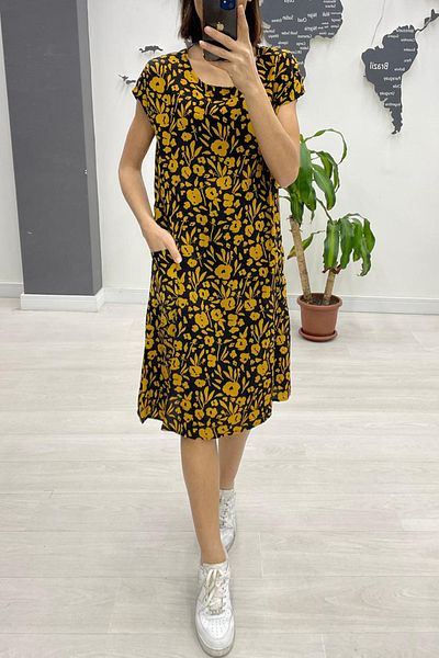 AYASOFYA OTANTIK Women's Mustard Round Neck Bag Pocket Print Short Sleeve Dress