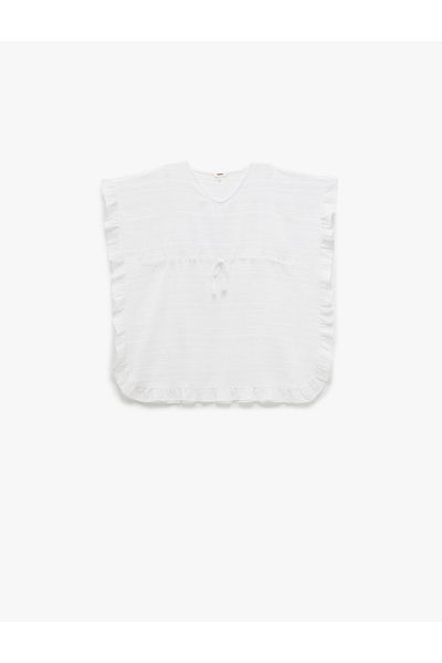 Koton New Season Cotton Ruffle Detailed Tie-Up Bat Sleeve Muslin Mini Beach Dress