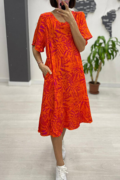 AYASOFYA OTANTIK Γυναικείο πορτοκαλί φόρεμα με μοτίβο με μισό μανίκι με τσέπες