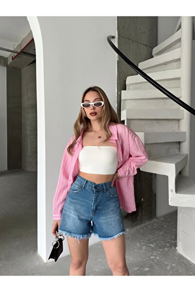 Femistik شورت نسائي من الدنيم ذو الخصر العالي باللون الأزرق