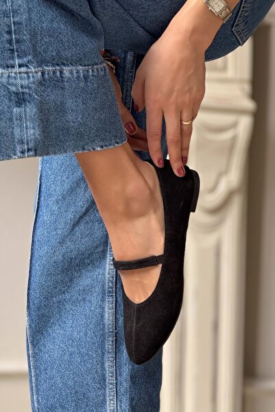 NİŞANTAŞI SHOES Arjun Schwarz Echtes Wildleder Einzelne Band Detail Flache Sohle Damen Babet