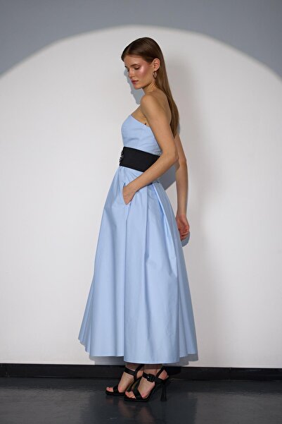 NOK İSTANBUL Sophisticated Corsage Elegance Maxi Boy Elbise Mavi