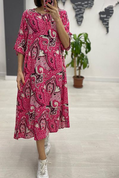 AYASOFYA OTANTIK Women's Pink Buttoned Round Neck Pocket Paisley Print Short Sleeve Dress