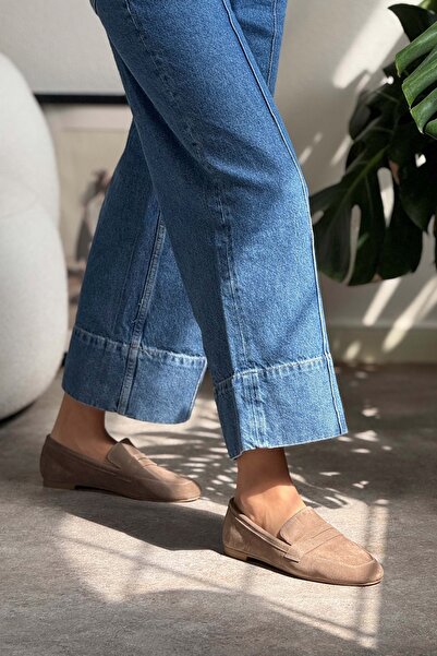 NİŞANTAŞI SHOES Sabre Dunkelbeige Echtes Wildleder Flache Sohle Damen Babet