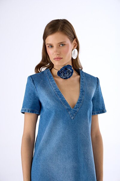 NOK İSTANBUL Denim Jewelled Sporty Elegance Mini Elbise LİGHT BLUE
