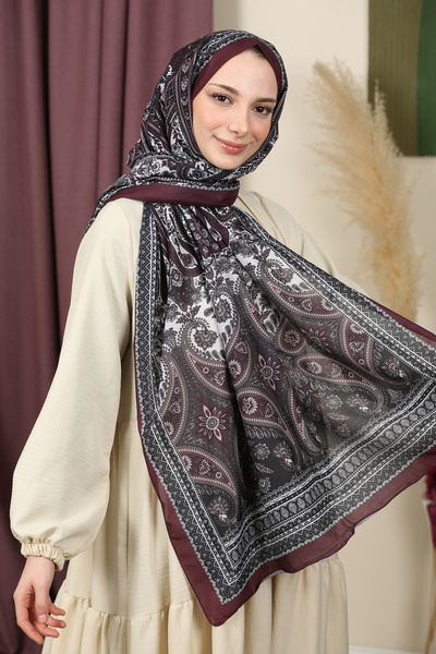 aldyoo Retro Etnik Desen Pamuk Viskon Şal Bordo Siyah