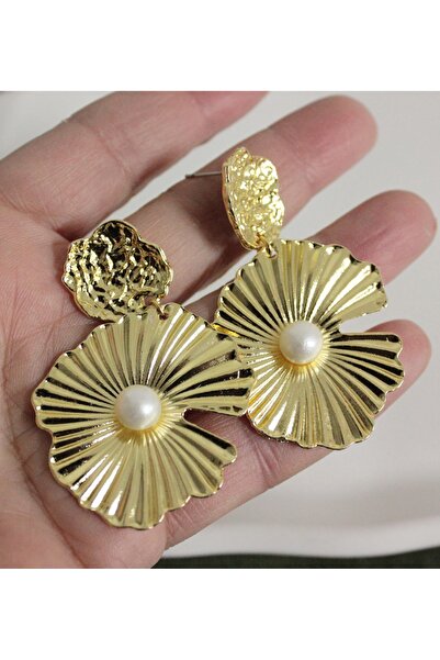 mos&more Gold İncili Büyük Sallantılı Şık Kadın Küpe