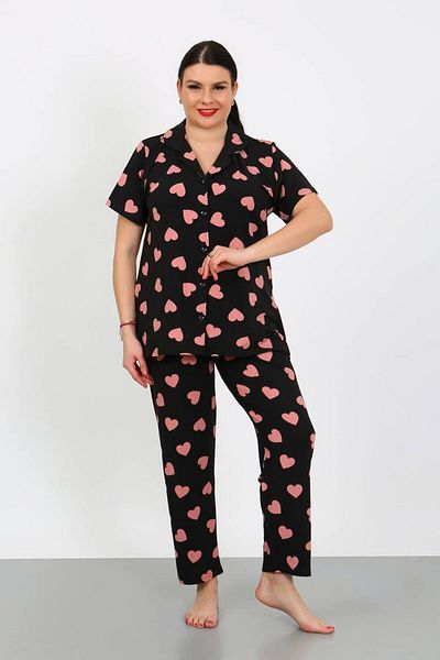 shopshop Women's Oversize Large Size Milan Fabric Short Sleeve Button Pajama Set