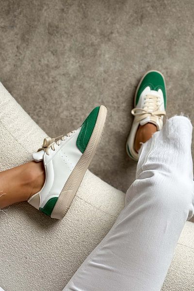 NİŞANTAŞI SHOES Fallows White Matte Green Suede Detailed Flat Sole Women's Lace-Up Sneakers
