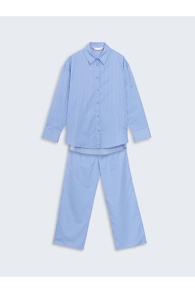 LC Waikiki Lcw Dream Blue Shirt Collar Striped Women's Pajamas Set
