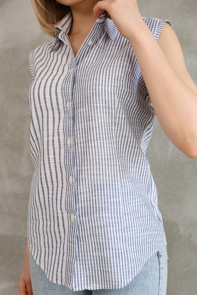 Butik Zero Sleeve Navy Blue Striped Cotton Linen Women's Shirt
