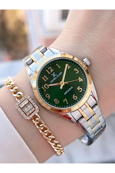 Daniel Klein Gold Silver Tar Green Steel Band 30 Mt Water Resistant Women Wristwatch Bracelet