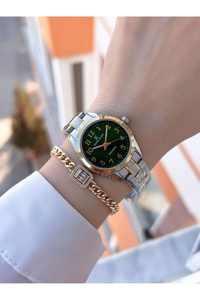 Daniel Klein Gold Silver Tar Green Steel Band 30 Mt Water Resistant Women Wristwatch Bracelet