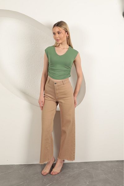 FAMİLY Strawberry viscose fabric side gathered blouse - khaki