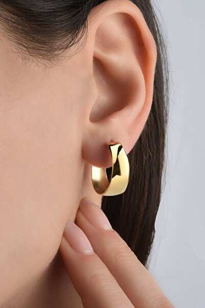 Nox Jewelry 14 Ayar Altın Kaplama Geniş Bant Zarif  C  Gümüş Küpe - E00284