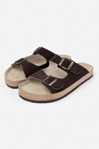 NİŞANTAŞI SHOES Sarrah Brown Genuine Suede Double Buckle Detailed Flat Sole Women's Slippers