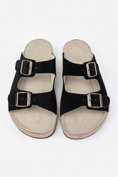 NİŞANTAŞI SHOES Sarrah Black Genuine Suede Double Buckle Detailed Flat Sole Women's Slippers